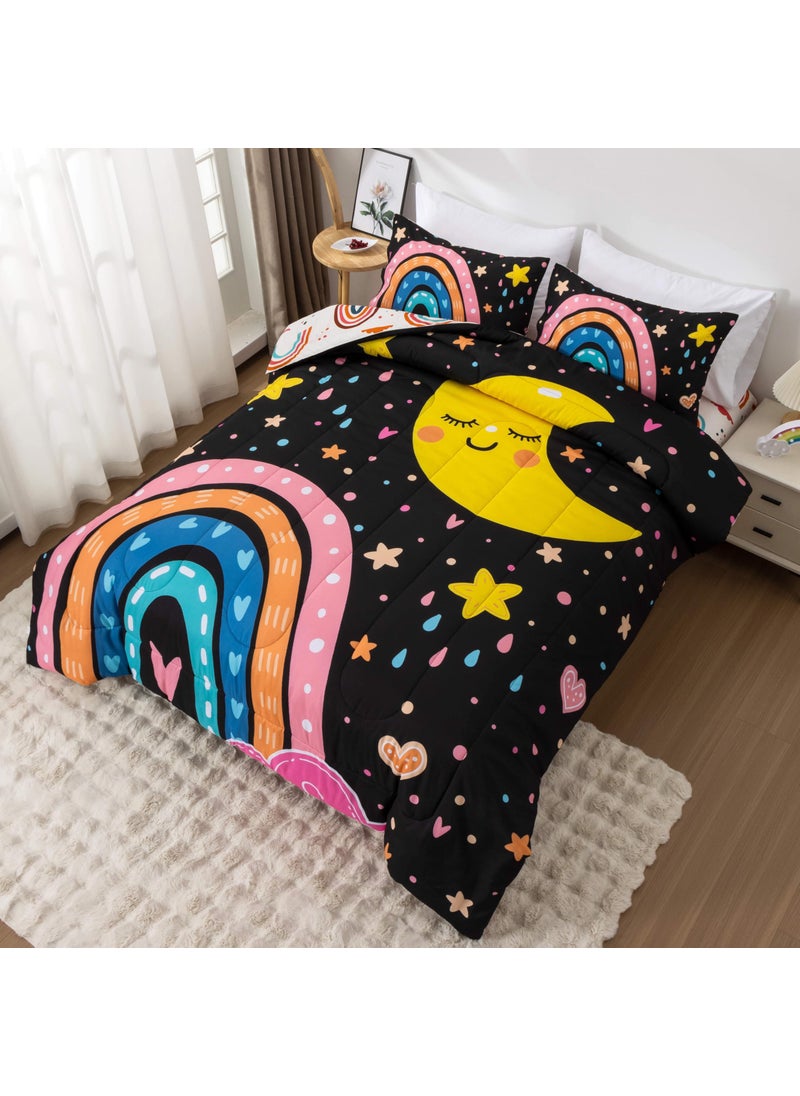 Btargot Btargot Lightweight Soft 3 Piece Rainbow Comforter Set with 2 Pillow Covers  Cartoon Love Hearts Flowers and Sun Moon Star Bedding Set for Girls Boys Kids  Twin Black  - Image 3