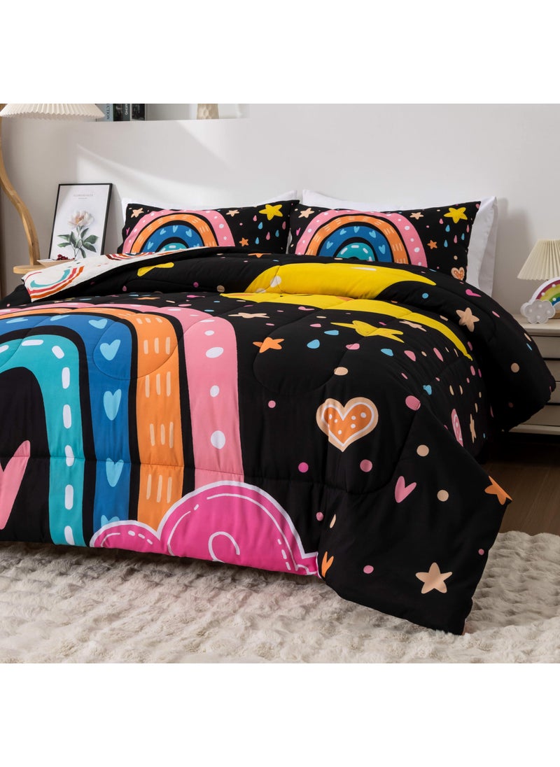 Btargot Btargot Lightweight Soft 3 Piece Rainbow Comforter Set with 2 Pillow Covers  Cartoon Love Hearts Flowers and Sun Moon Star Bedding Set for Girls Boys Kids  Twin Black  - Image 4