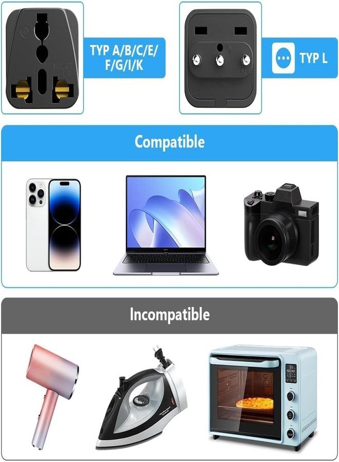 rts India to Italy Libya Rome Chile Ethiopia Libya & More Universal Travel Adapter Plug Converter Travel Essentials (Type L - 2 Pack) for Smartphones Laptops Camera Chargers iPhone Tablets & More - Image 4