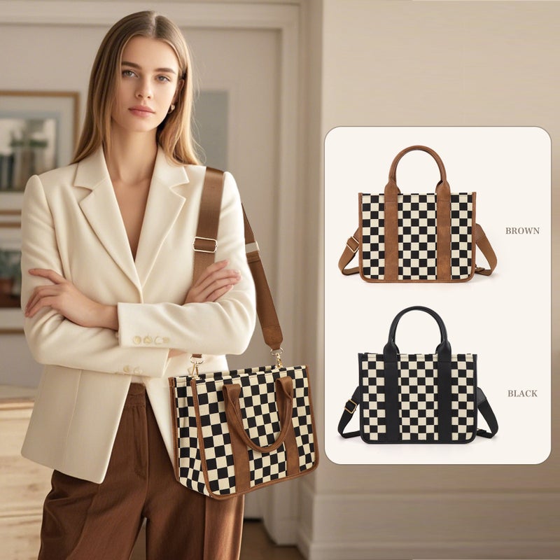 Women'S Checkerboard Shoulder Crossbody Bag Casual All-Match Handbag Plaid Tote Bag With Shoulder Strap For Women - Image 2
