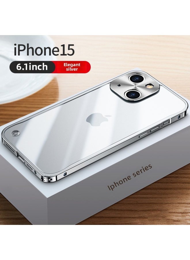 Mobile Phone Case For Iphone 14 For Iphone12promax Metal Frame 13 Transparent 11 Frosted Back Cover-Color:Spring Buckle [elegant Silver] Translucent Frosted Back Plate-Applicable Model:For Iphone 15 Pro
