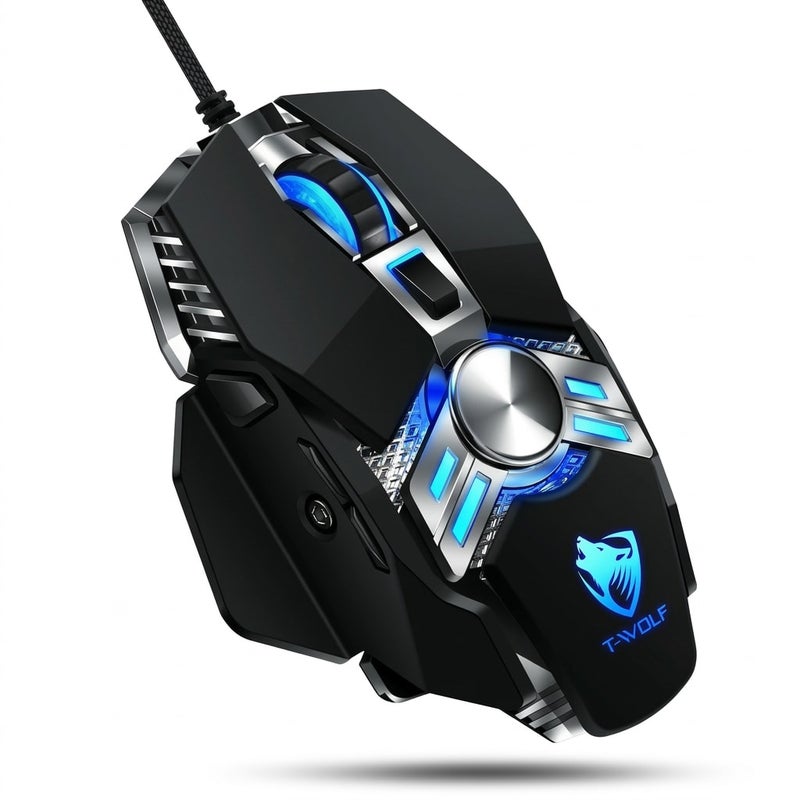 تي- وولف ماوس ألعاب سلكي تي وولف V10 بتصميم ميكانيكي مريح، 7 أزرار برمجة ماكرو مع إضاءة تنفس 4 ألوان، دقة نقطة لكل انش قابلة للتعديل 800-2400 وأوزان - Image 1