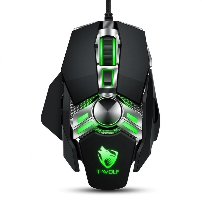 تي- وولف ماوس ألعاب سلكي تي وولف V10 بتصميم ميكانيكي مريح، 7 أزرار برمجة ماكرو مع إضاءة تنفس 4 ألوان، دقة نقطة لكل انش قابلة للتعديل 800-2400 وأوزان - Image 2
