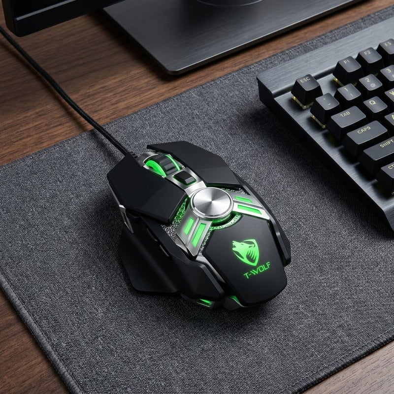 تي- وولف ماوس ألعاب سلكي تي وولف V10 بتصميم ميكانيكي مريح، 7 أزرار برمجة ماكرو مع إضاءة تنفس 4 ألوان، دقة نقطة لكل انش قابلة للتعديل 800-2400 وأوزان - Image 5