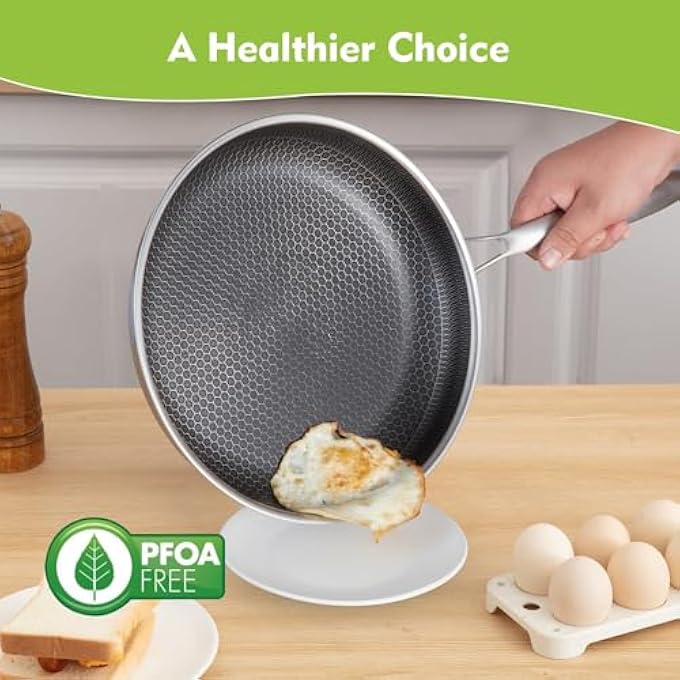 أوفردنسي مقلاة غير لاصقة مقاس 28 سم مع غطاء من الزجاج المقوى، ومقبض StayCool، وأواني طهي خالية من مادة PFOA، ومقالي غير لاصقة من الفولاذ المقاوم للصدأ، وآمنة للاستخدام في غسالة الأطباق، وتعمل على أسطح الطهي بالحث الكهرومغناطيسي والسيراميك والغاز. - Image 2