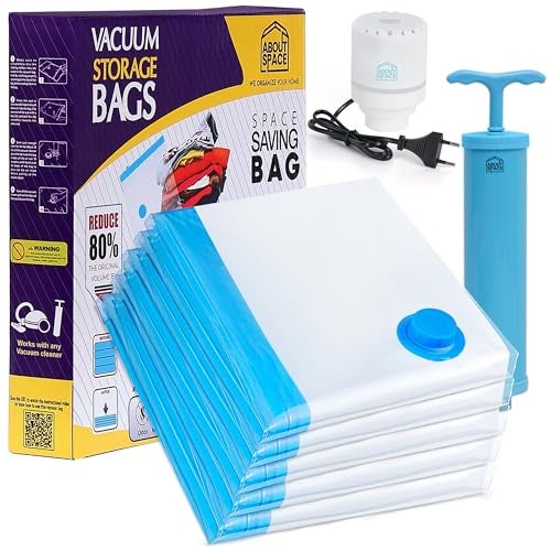 ABOUT SPACE 5 Pack Large Vacuum Bags for Travel with Electric Pump & Hand Pump | Space Saver Storage Organizer Bag for Pillows, Comforters, Ziplock Airtight Reusable Luggage Bags (Blue) - Image 1