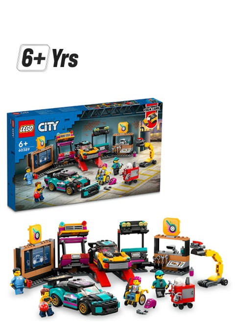 City Custom Car Garage 60389 Building Toy Set for Kids Aged 6+; Includes a Workshop with Fun Functions, 2 Customizable Cars with Interchangeable Front and Rear Modular Sections and 4 Minifigures (507 Pieces)