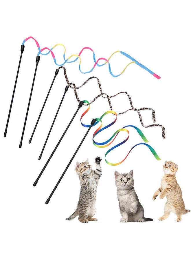 cobee 6 Packs Cat Wand Toy Set, 30cm Cat Interactive Wand with 60cm Rainbow Ribbon String+ Rainbow Cloth String + Leopard Print Cloth String for Pet Kitten Training Exerciser Kitten Catcher(6 Pcs) - Image 1