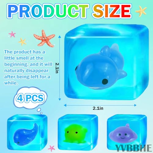YVBBHE 4 Pack Blue Squeeze Cube with Luminous Sea Animals InsideSquishy Stress Fidget Gummy Toys Glow in The Dark Animal Maltose Sensory Toys for Kids Autism Stress Balls for Anxiety Stress Relief - Image 5