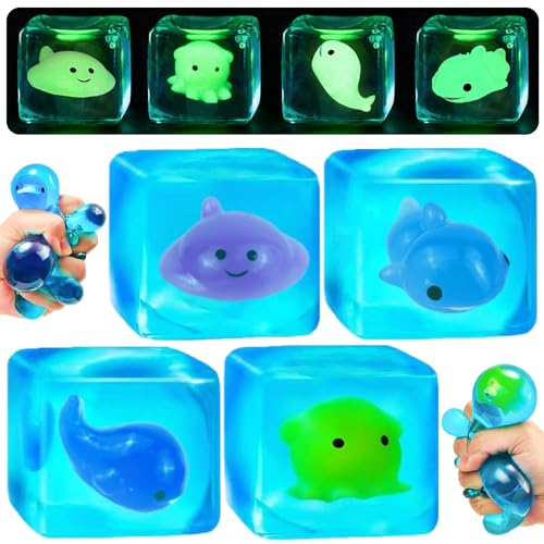 YVBBHE 4 Pack Blue Squeeze Cube with Luminous Sea Animals InsideSquishy Stress Fidget Gummy Toys Glow in The Dark Animal Maltose Sensory Toys for Kids Autism Stress Balls for Anxiety Stress Relief - Image 1