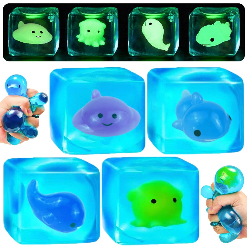YVBBHE 4 Pack Blue Squeeze Cube with Luminous Sea Animals InsideSquishy Stress Fidget Gummy Toys Glow in The Dark Animal Maltose Sensory Toys for Kids Autism Stress Balls for Anxiety Stress Relief - Image 3