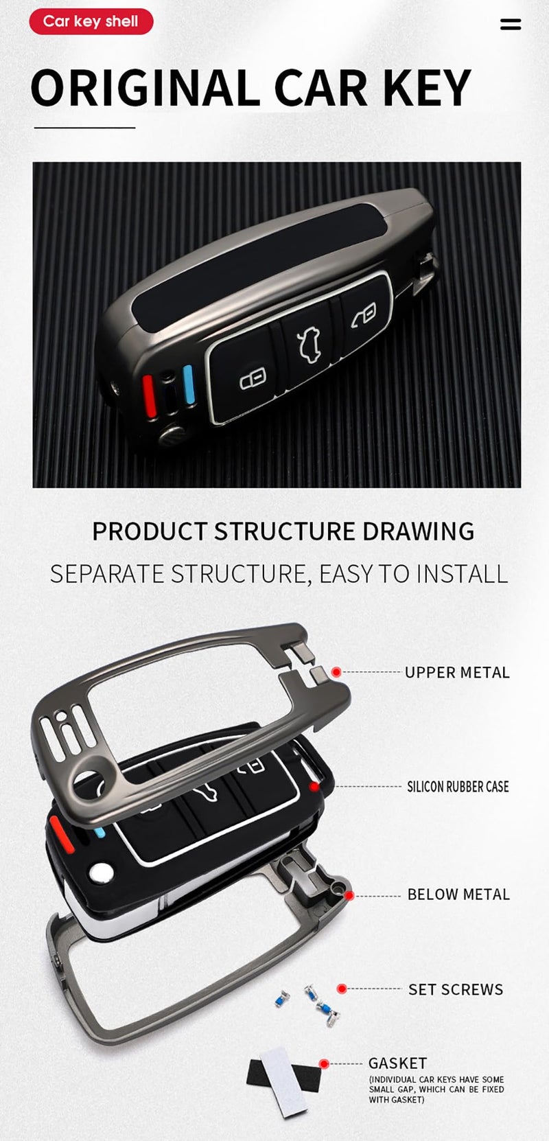 ontto Metal Car Key Fob Cover Silicone Inner Case Fit for Audi A1 A3 A4 A5 A6 Q2 Q3 Q7 TT S3 R8 Flip Folding Key Remote Black - Image 5