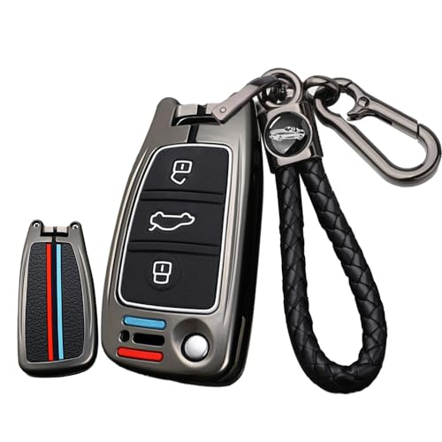 ontto Metal Car Key Fob Cover Silicone Inner Case Fit for Audi A1 A3 A4 A5 A6 Q2 Q3 Q7 TT S3 R8 Flip Folding Key Remote Black - Image 1