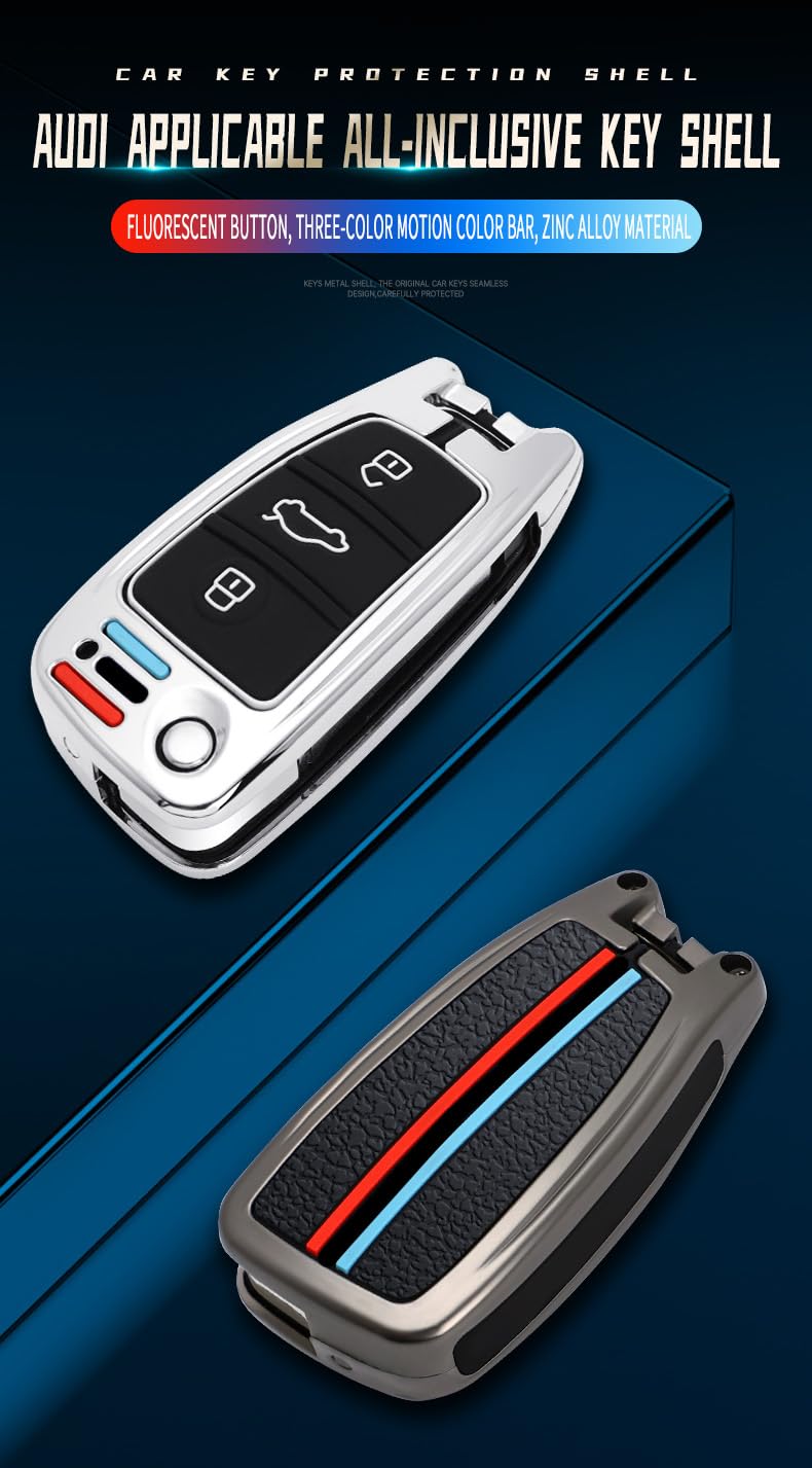 ontto Metal Car Key Fob Cover Silicone Inner Case Fit for Audi A1 A3 A4 A5 A6 Q2 Q3 Q7 TT S3 R8 Flip Folding Key Remote Black - Image 3