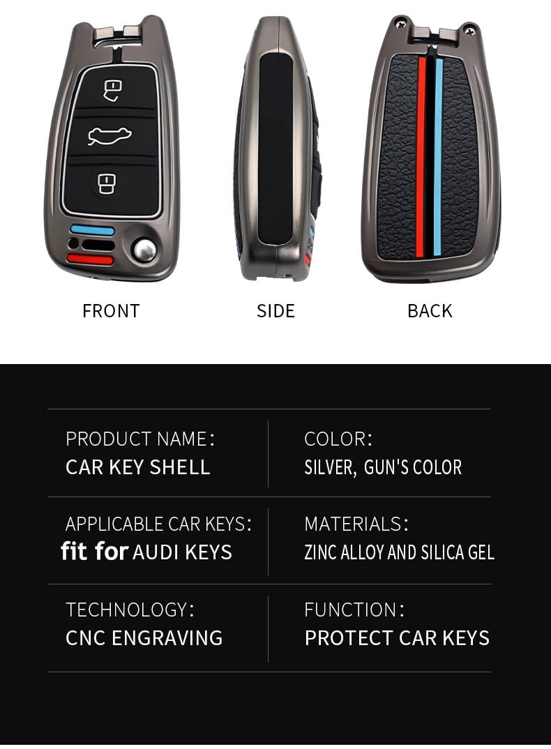 ontto Metal Car Key Fob Cover Silicone Inner Case Fit for Audi A1 A3 A4 A5 A6 Q2 Q3 Q7 TT S3 R8 Flip Folding Key Remote Black - Image 4