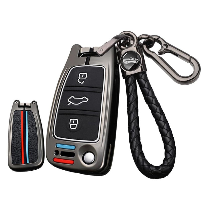 ontto Metal Car Key Fob Cover Silicone Inner Case Fit for Audi A1 A3 A4 A5 A6 Q2 Q3 Q7 TT S3 R8 Flip Folding Key Remote Black - Image 2