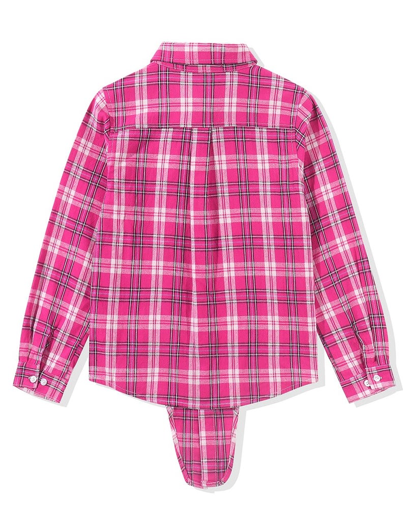 Noomelfish Girls Long Sleeve Plaid Button Down Shirt Tie Front Blouse Tops, Hot Pink Plaid, Size 5-6 Years - Image 3