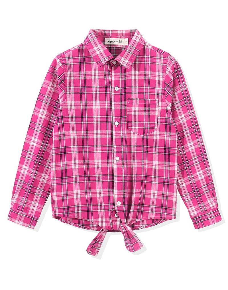 Noomelfish Girls Long Sleeve Plaid Button Down Shirt Tie Front Blouse Tops, Hot Pink Plaid, Size 5-6 Years - Image 1