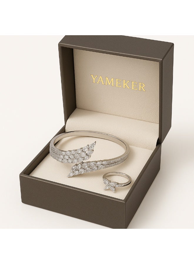 ياميكر طقم سوار وخاتم نسائي أنيق بتصميم ورقة باللون الفضي والأبيض من YAMEKER.AE | طقم مجوهرات مرصّع بحجر الزركون CZ اللامع | سوار وخاتم قابلان للتعديل | مجوهرات للحفلات والزفاف والخطوبة وهدايا للنساء - Image 3