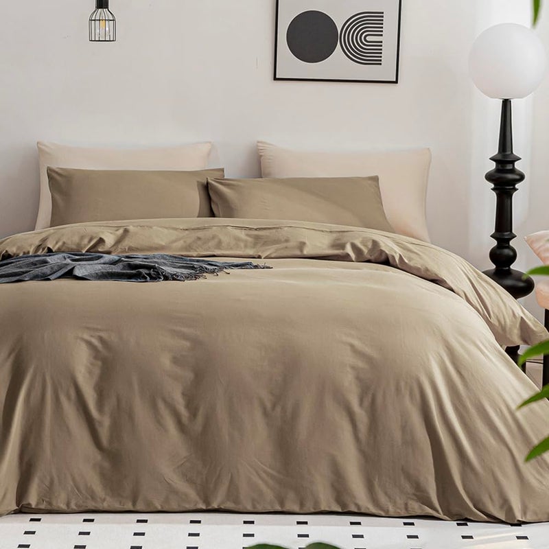 JELLYMONI Khaki Duvet Cover Queen Size - 100% Washed Cotton Linen Like Textured Comforter Cover, 3 Pieces Breathable Soft Bedding Set with Zipper Closure (Khaki, Queen 90"x90") - Image 1