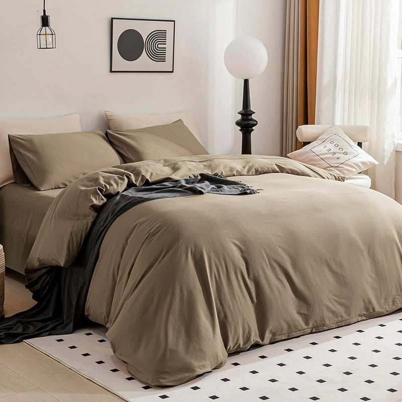 JELLYMONI Khaki Duvet Cover Queen Size - 100% Washed Cotton Linen Like Textured Comforter Cover, 3 Pieces Breathable Soft Bedding Set with Zipper Closure (Khaki, Queen 90"x90") - Image 2