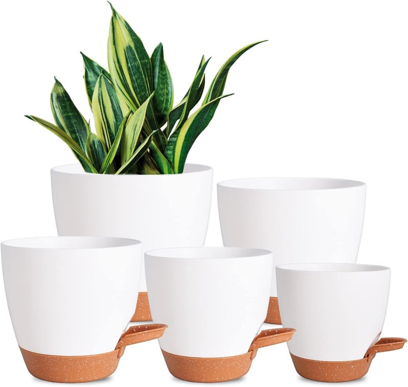 INKULTURE Flower Pot for Indoor Plants – Self Watering Plant Pot Set of 5, Multi Size Plastic Planter with Drainage Hole & Watering Lip (7/6.5/6/5.5/5 Inch) White | Pots for Home, Office & Succulents - Image 1