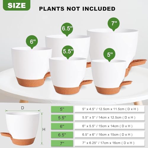 INKULTURE Flower Pot for Indoor Plants – Self Watering Plant Pot Set of 5, Multi Size Plastic Planter with Drainage Hole & Watering Lip (7/6.5/6/5.5/5 Inch) White | Pots for Home, Office & Succulents - Image 4
