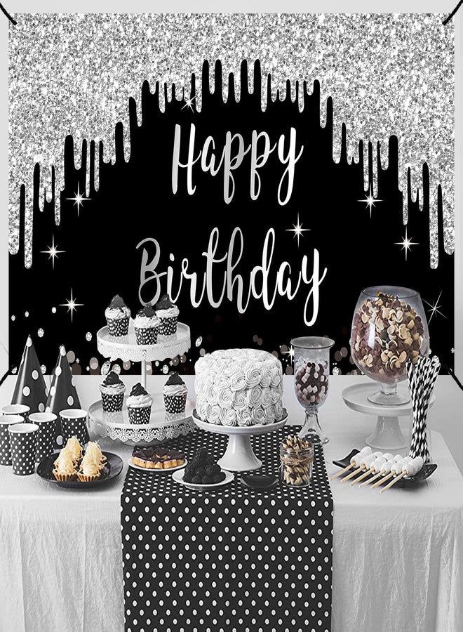 Excelloon Black White Silver Happy Birthday Banner Decorations for Women Girls, Black Silver Happy Birthday Backdrop Sign Party Supplies, 16th 21st 30th 40th 50th 60th 70th Birthday Poster Background Decor - Image 5