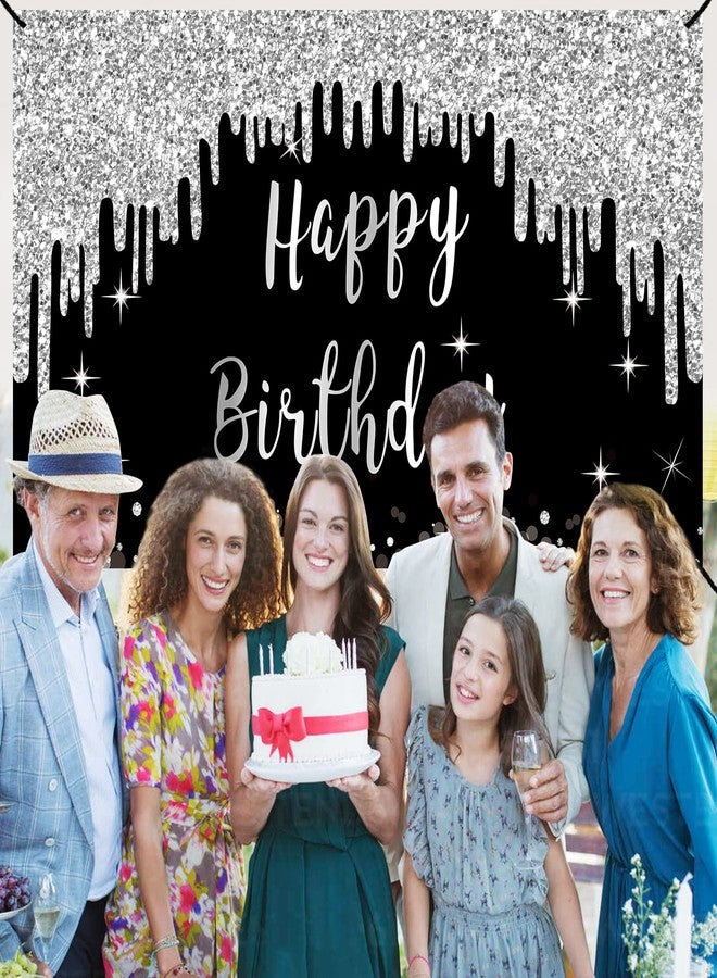 Excelloon Black White Silver Happy Birthday Banner Decorations for Women Girls, Black Silver Happy Birthday Backdrop Sign Party Supplies, 16th 21st 30th 40th 50th 60th 70th Birthday Poster Background Decor - Image 4