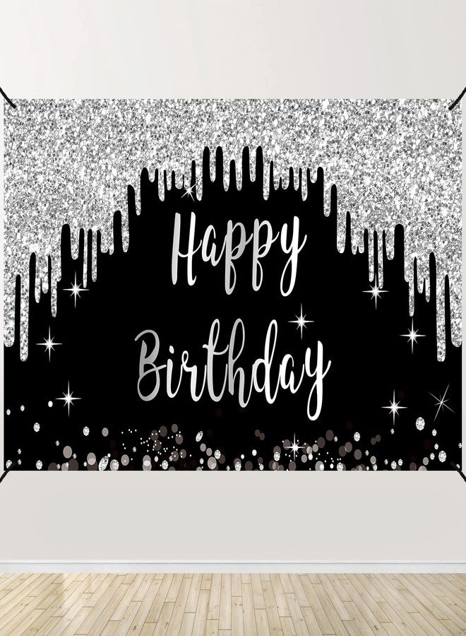 Excelloon Black White Silver Happy Birthday Banner Decorations for Women Girls, Black Silver Happy Birthday Backdrop Sign Party Supplies, 16th 21st 30th 40th 50th 60th 70th Birthday Poster Background Decor - Image 1