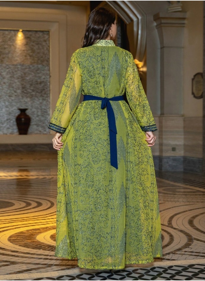 Loquat Ladies Embroidered Robe Long Dress 3-Piece Set Open Front Outer Robe+Inner Skirt+Belt Muslim Abaya Yellow/Blue  - Image 3