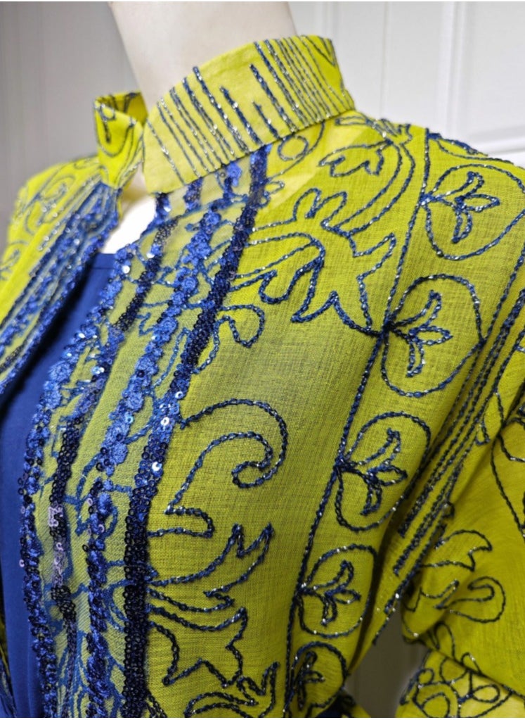 Loquat Ladies Embroidered Robe Long Dress 3-Piece Set Open Front Outer Robe+Inner Skirt+Belt Muslim Abaya Yellow/Blue  - Image 4