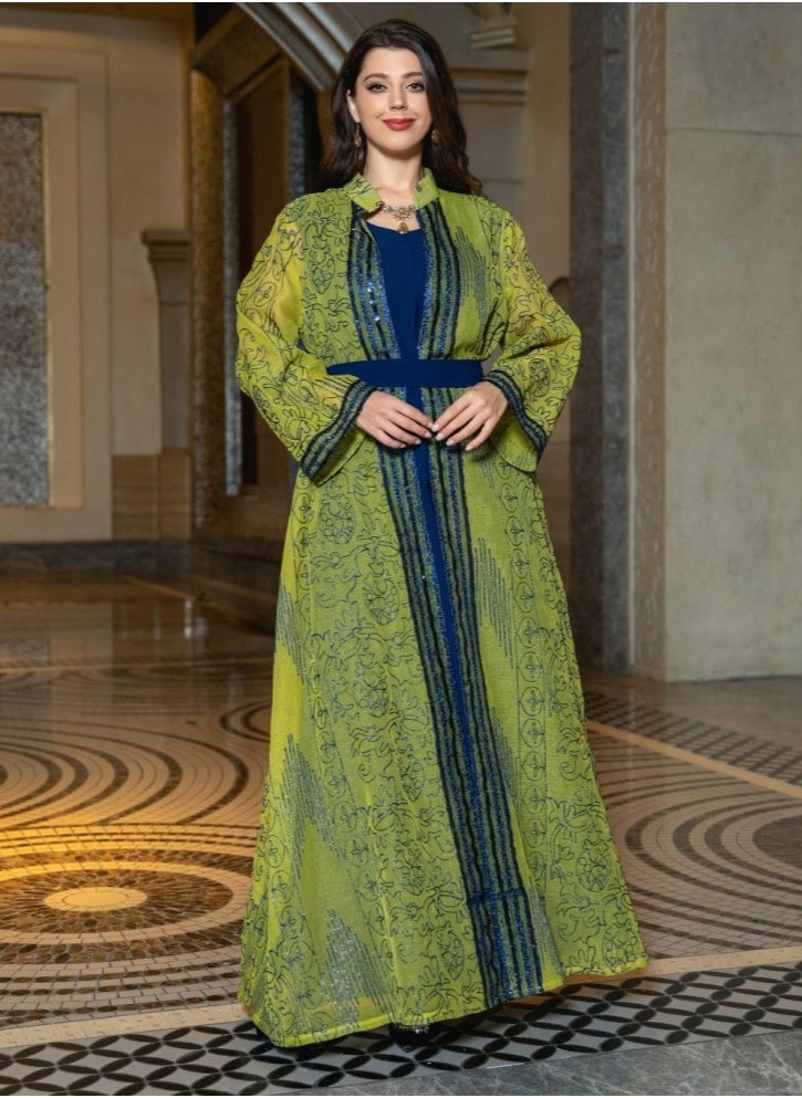 Loquat Ladies Embroidered Robe Long Dress 3-Piece Set Open Front Outer Robe+Inner Skirt+Belt Muslim Abaya Yellow/Blue  - Image 1