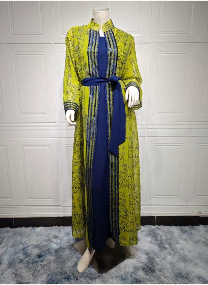 Loquat Ladies Embroidered Robe Long Dress 3-Piece Set Open Front Outer Robe+Inner Skirt+Belt Muslim Abaya Yellow/Blue  - Image 2