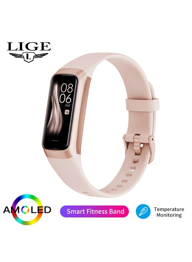 LIGE Ladies Smart Band Sport Fitness Tracker Waterproof Body Temperature Heart Rate Monitor Smart Bracelet for Women Rose Gold Pink - Image 1