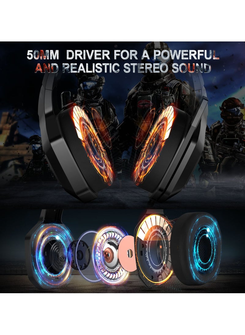 أونيكوما سماعة ألعاب K10، ستيريو باس محيطي RGB مع خاصية إلغاء الضوضاء، سماعات فوق الأذن، ميكروفون وإضاءة LED RGB - Image 4