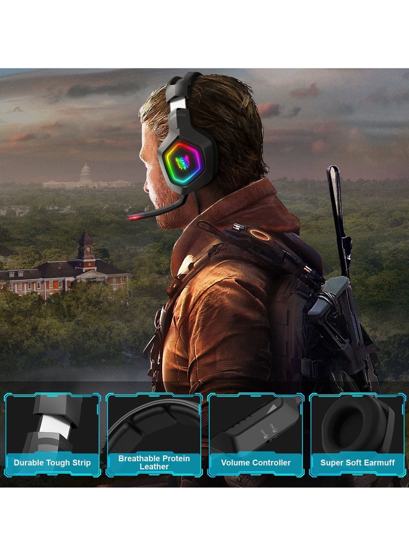 أونيكوما سماعة ألعاب K10، ستيريو باس محيطي RGB مع خاصية إلغاء الضوضاء، سماعات فوق الأذن، ميكروفون وإضاءة LED RGB - Image 5