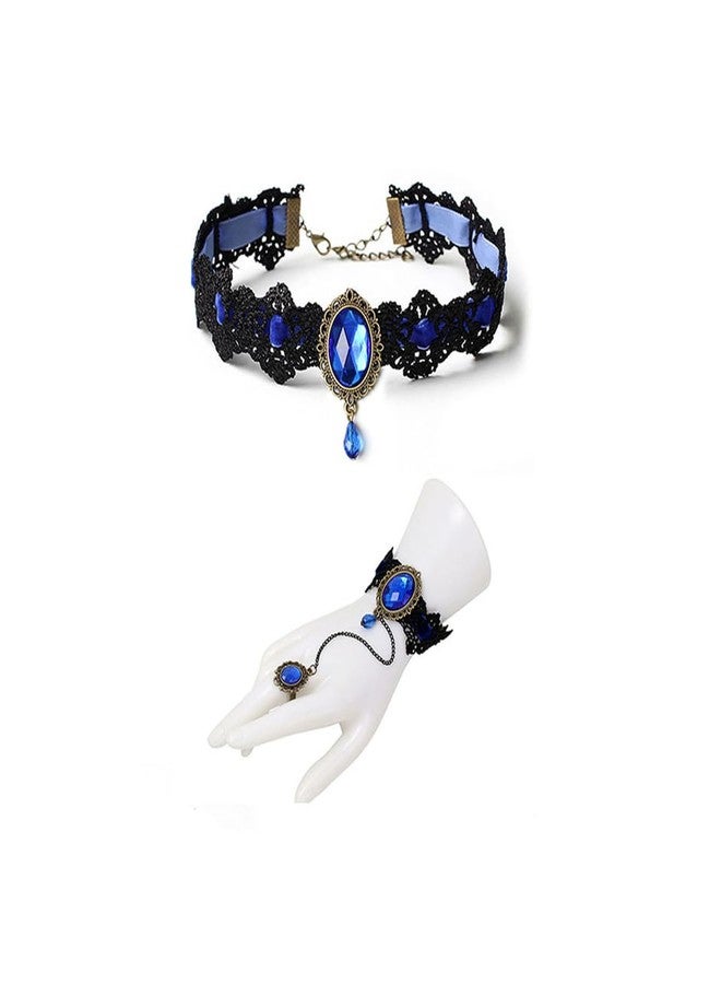 MIFYNN Gothic Lace Jewelry Set for Women Gothic Lace Necklace Hand Chain Bracelet Ring Set Vintage Crystal Choker Necklace Victorian Velvet Set Halloween Vampire Costume Accessories (Blue) - Image 1