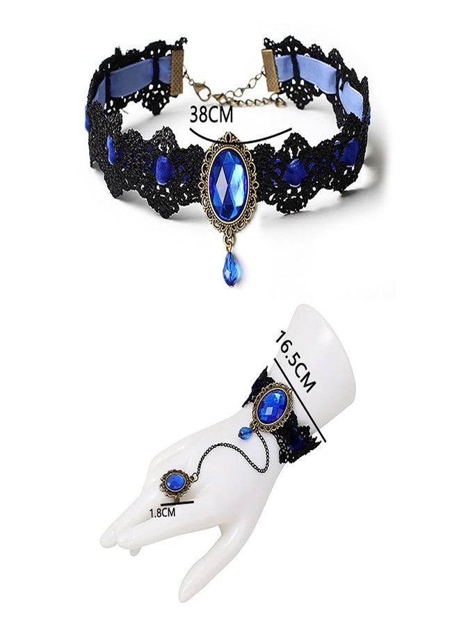MIFYNN Gothic Lace Jewelry Set for Women Gothic Lace Necklace Hand Chain Bracelet Ring Set Vintage Crystal Choker Necklace Victorian Velvet Set Halloween Vampire Costume Accessories (Blue) - Image 2