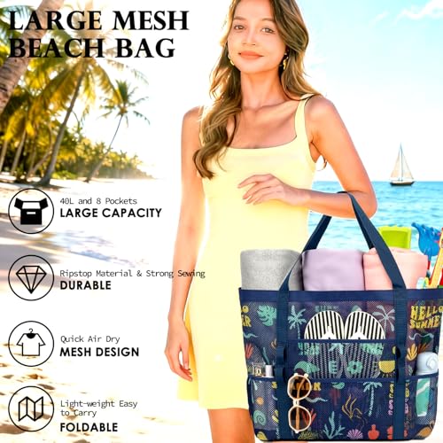 Fammart Mesh Beach Bag, Large Beach Tote with Zipper Pocket, Toys Pool Bag for Family Travel Vacation Cruise Essentials, Large - Surfboard - Image 3