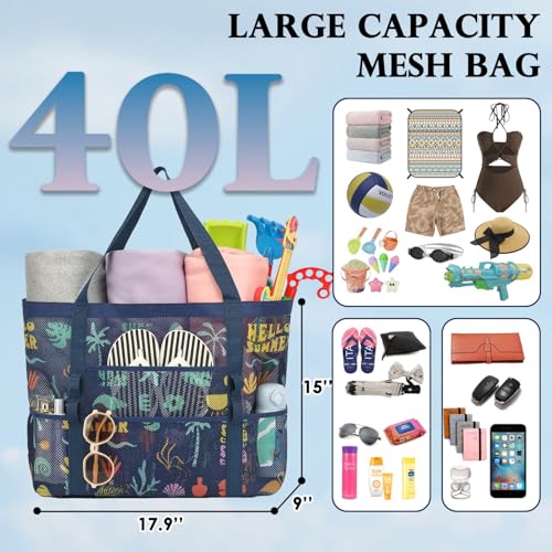 Fammart Mesh Beach Bag, Large Beach Tote with Zipper Pocket, Toys Pool Bag for Family Travel Vacation Cruise Essentials, Large - Surfboard - Image 4