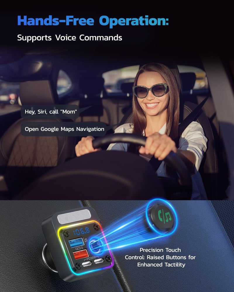 Nulaxy 54W Bluetooth 5.3 Car Adapter Charger 4-Port Fast Charging [PD36W & QC3.0 18W], Wireless Radio FM Transmitter with Deep Bass Player, 5 Colors LED Backlit, Hands-Free Calling, Support USB Drive - Image 5