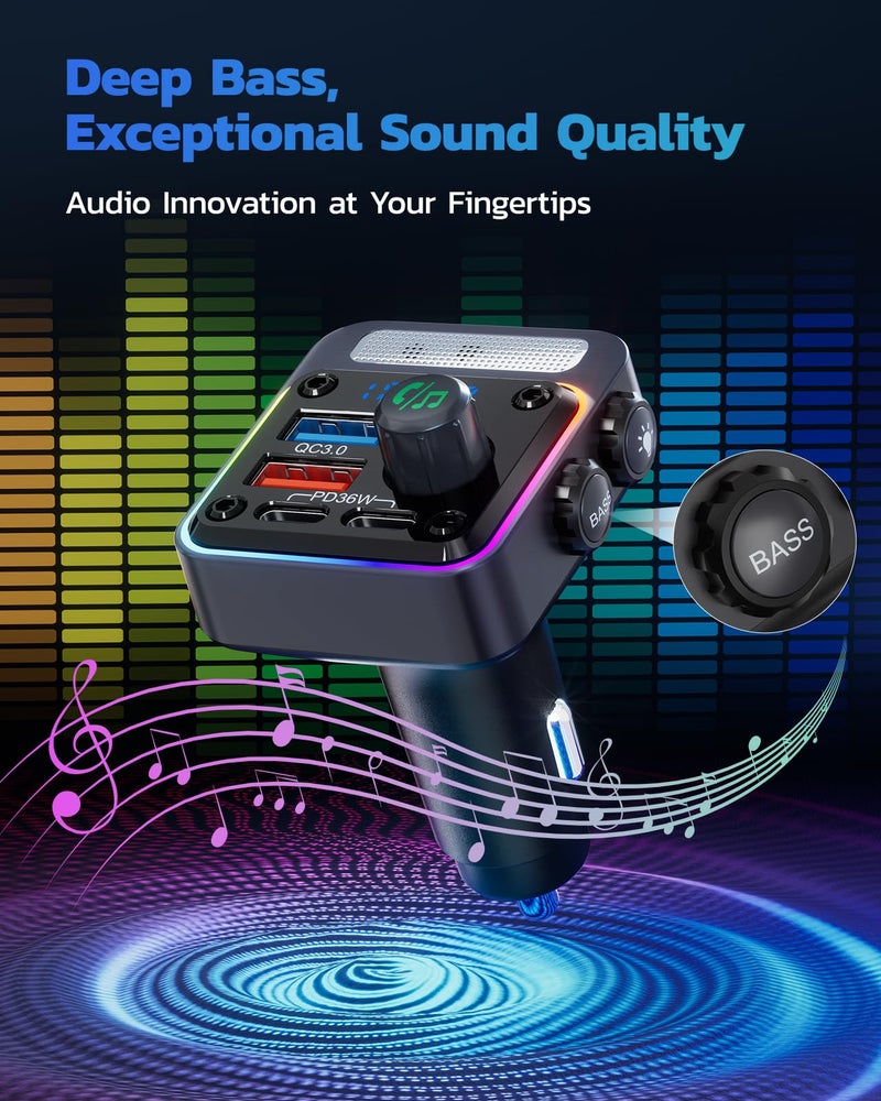 Nulaxy 54W Bluetooth 5.3 Car Adapter Charger 4-Port Fast Charging [PD36W & QC3.0 18W], Wireless Radio FM Transmitter with Deep Bass Player, 5 Colors LED Backlit, Hands-Free Calling, Support USB Drive - Image 4