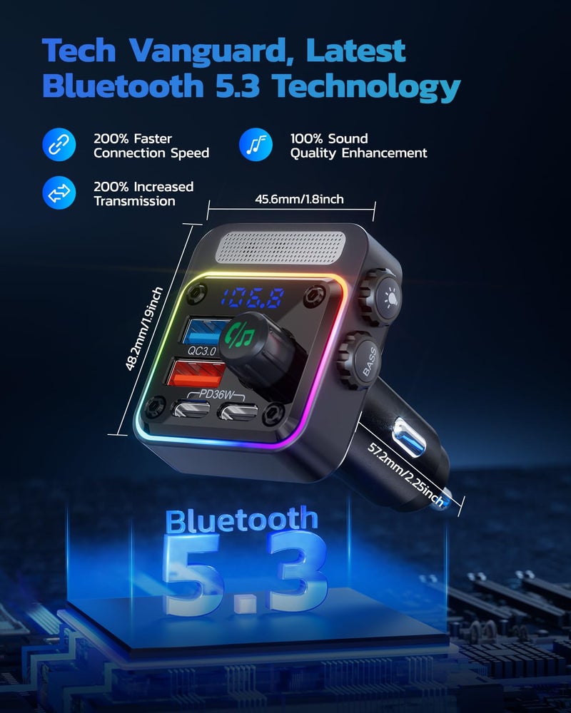 Nulaxy 54W Bluetooth 5.3 Car Adapter Charger 4-Port Fast Charging [PD36W & QC3.0 18W], Wireless Radio FM Transmitter with Deep Bass Player, 5 Colors LED Backlit, Hands-Free Calling, Support USB Drive - Image 3