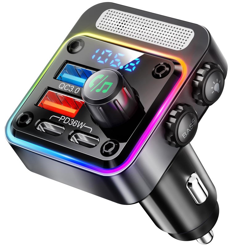 Nulaxy 54W Bluetooth 5.3 Car Adapter Charger 4-Port Fast Charging [PD36W & QC3.0 18W], Wireless Radio FM Transmitter with Deep Bass Player, 5 Colors LED Backlit, Hands-Free Calling, Support USB Drive - Image 1