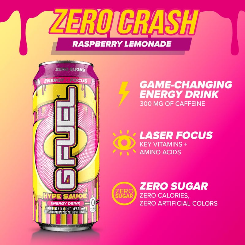 G Fuel مشروب الطاقة جي فويل، ليمون التوت، مشروب خالي من السكر مع 300 ملغ كافيين، تعزيز الطاقة اليومية مع الأحماض الأمينية والتركيبات الفيتامينية + مضادات الأكسدة، علب سعة 16 أونصة (صوص هايبي، 12 عبوة) - Image 3