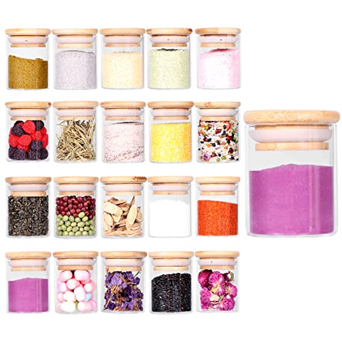 Tzerotone Spice Jar Set25oz 20 Piece Glass Jar with Bamboo Airtight Lids and Labels Mini Clear Food Storage Containers for pantry kitchen canisters for Tea Herbs Sugar Salt Coffee