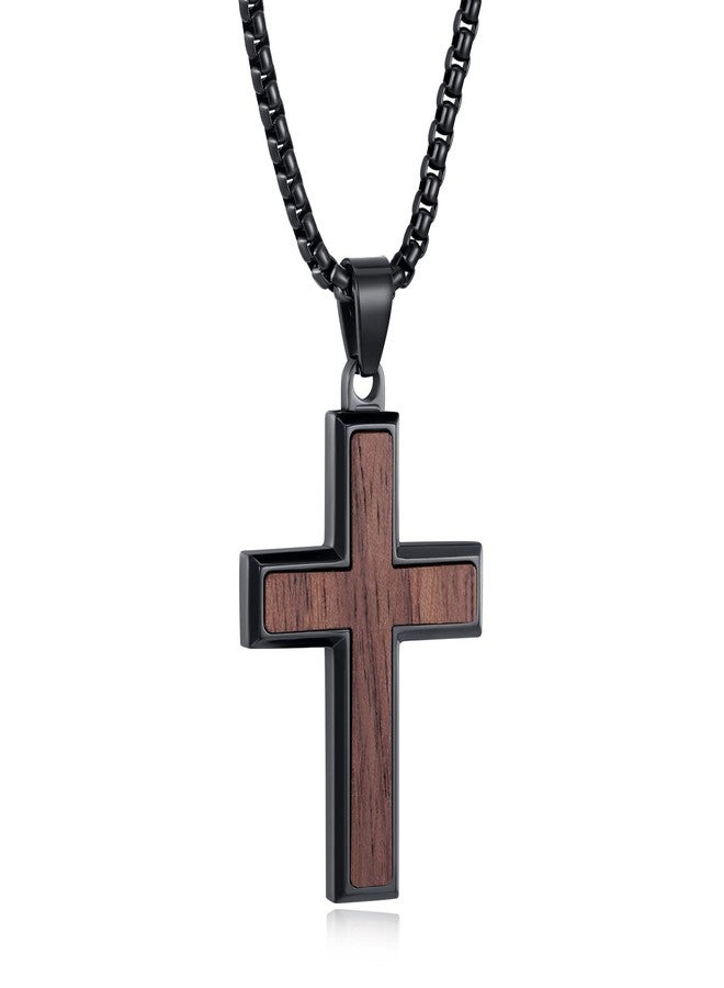 REVEMCN Wooden Cross Necklace for Men Boys - Black Walnut & Stainless Steel Christian Wood Crucifix Pendant with 18-24" Rolo Chain, Inspirational Jewelry Graduation Birthday Gift for Teen Boy Son Dad (A - Black Walnut, 22+2) - Image 1