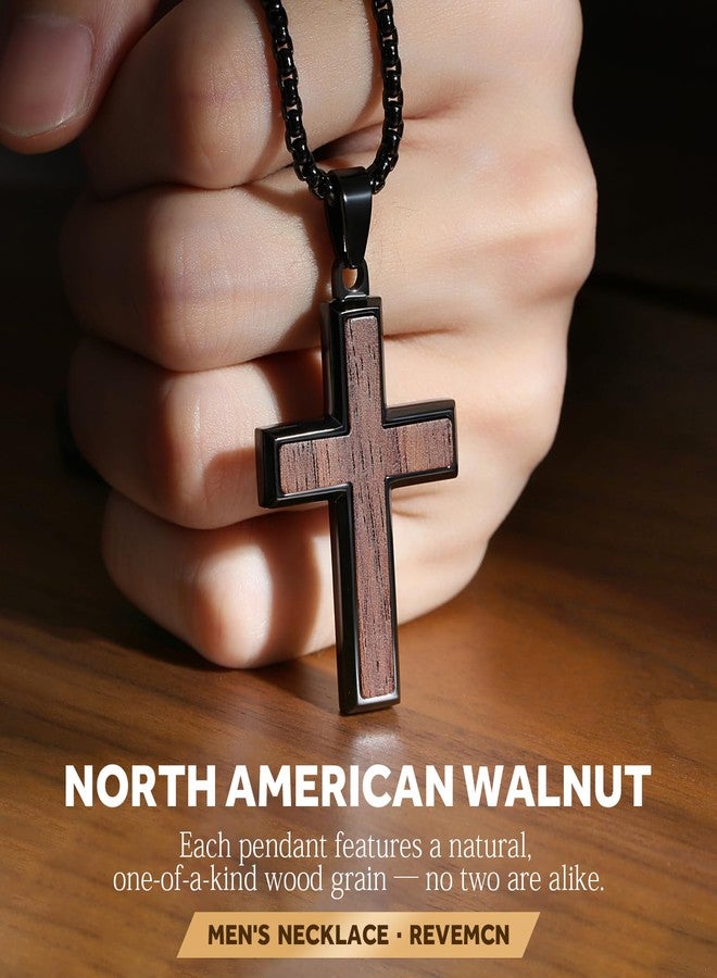 REVEMCN Wooden Cross Necklace for Men Boys - Black Walnut & Stainless Steel Christian Wood Crucifix Pendant with 18-24" Rolo Chain, Inspirational Jewelry Graduation Birthday Gift for Teen Boy Son Dad (A - Black Walnut, 22+2) - Image 2