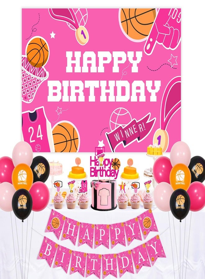 Balterever Pink Basketball Birthday Decorations for Girls Basketball Happy Birthday Banner Pink Basketball Backdrop Basketball Birthday Cupcake Toppers for Sport Theme Birthday Party Supplies - Image 4
